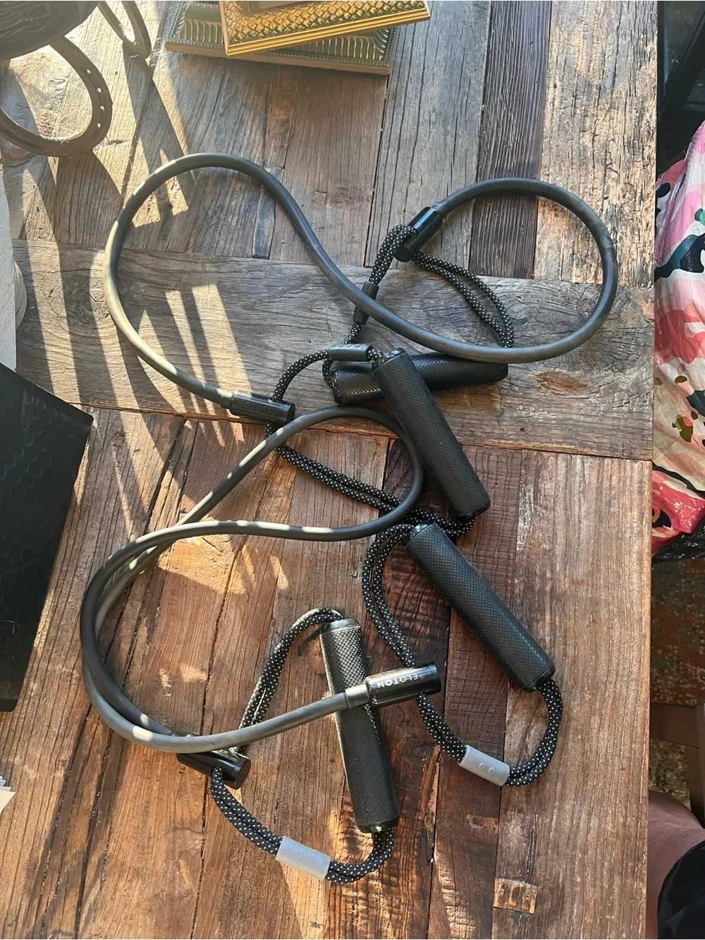 Peloton accessories: Resistance bands(3), yoga strap, wrenches in bag